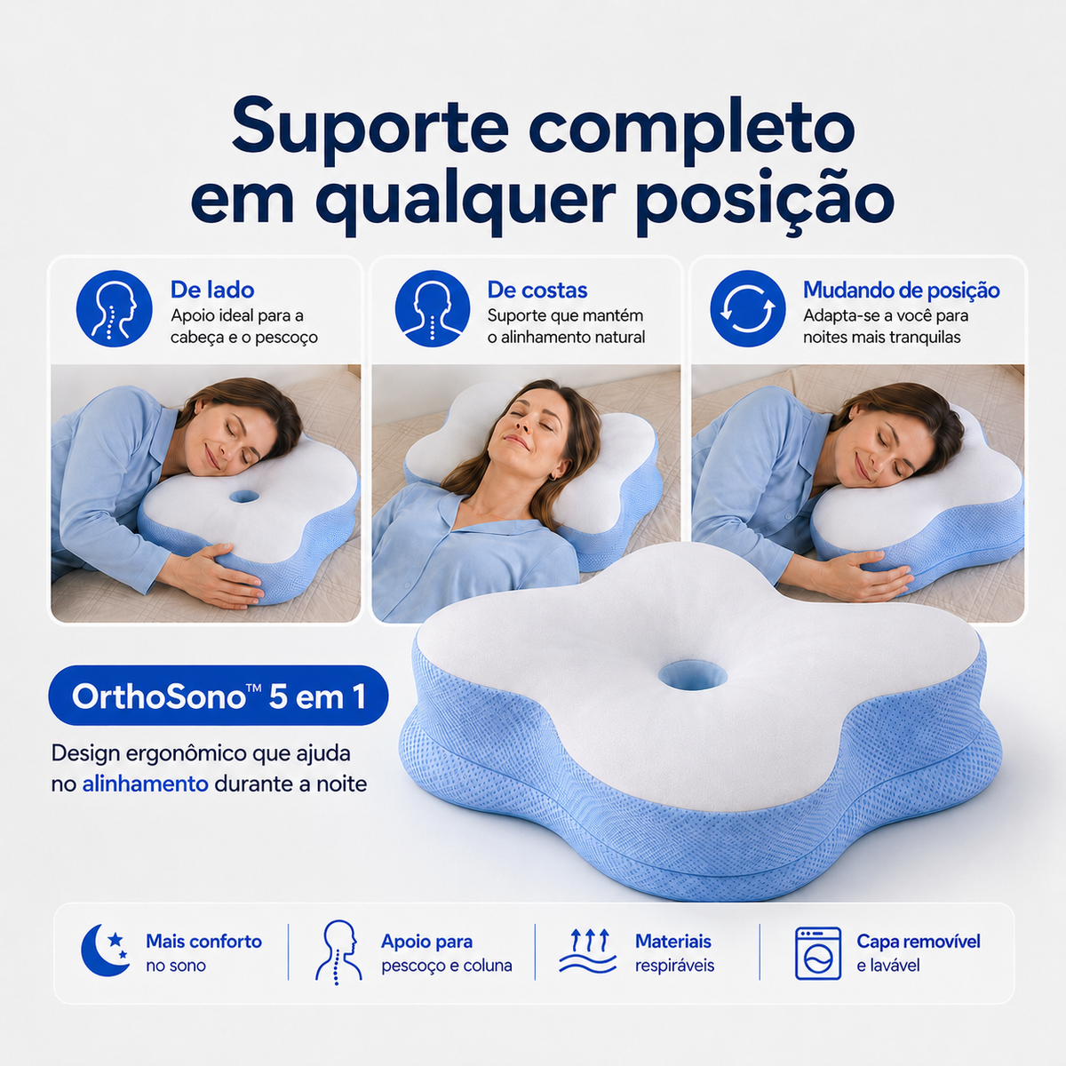 OrthoSono™ 5 em 1 - Travesseiro Que Reduz a Apneia do Sono - Sem Aparelho CPAP | Aconchelo